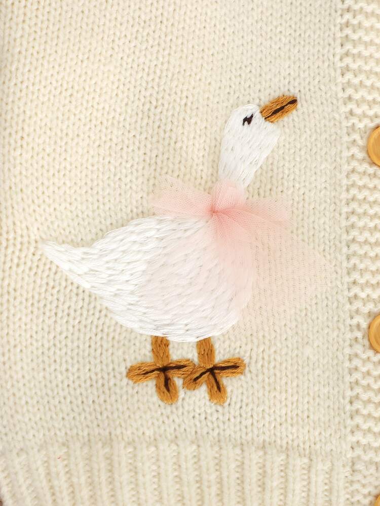 SHEIN Toddler Girls Cream Knit Cardigan, Soft Cozy, Swan Embroidered Button-Front Sweater, Sweet Casual Winter Wear, Soft Comfortable, Cozy Autumn And Winte - Beige - View 7