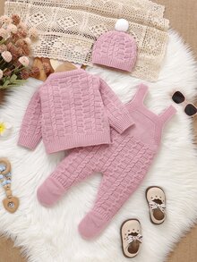 SHEIN 新生兒嬰兒毛衣套裝 舒適極簡保暖圓領長袖開襟外套附吊帶連身褲可愛帽子 3件套套頭衫 - 淺粉色 - 查看 3
