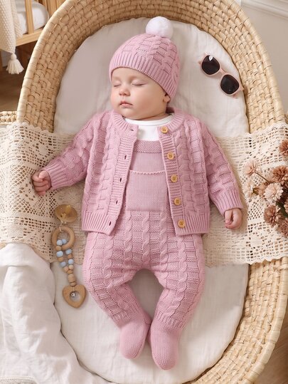SHEIN Vintaside Kids Newborn Baby Sweater Set | Comfortable Minimalist Round Neck Long Sleeve Cardigan Jacket With Suspenders Jumpsuit And Cute Hat 3 Pieces Set Pullover