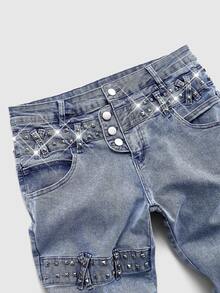 ROMWE MEN Casual Men's Metal Rivet Layered Denim Jeans - Blue - View 2