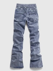 ROMWE MEN Casual Men's Metal Rivet Layered Denim Jeans - Blue - View 3