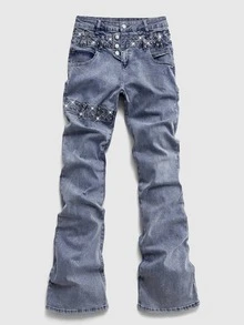 ROMWE MEN Casual Men's Metal Rivet Layered Denim Jeans - Blue - View 1