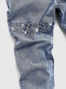 ROMWE MEN Casual Men's Metal Rivet Layered Denim Jeans - Blue - View 4
