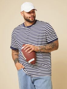 EASEVO Men Plus Size Casual Knit Crew Neck Striped Short Sleeve T-Shirt, Suitable For Summer, Vacation, Father's Day Gifts, Football - Blue - View 3