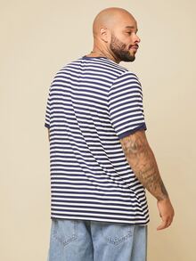 EASEVO Men Plus Size Casual Knit Crew Neck Striped Short Sleeve T-Shirt, Suitable For Summer, Vacation, Father's Day Gifts, Football - Blue - View 2