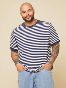 EASEVO Men Plus Size Casual Knit Crew Neck Striped Short Sleeve T-Shirt, Suitable For Summer, Vacation, Father's Day Gifts, Football - Blue - View 4