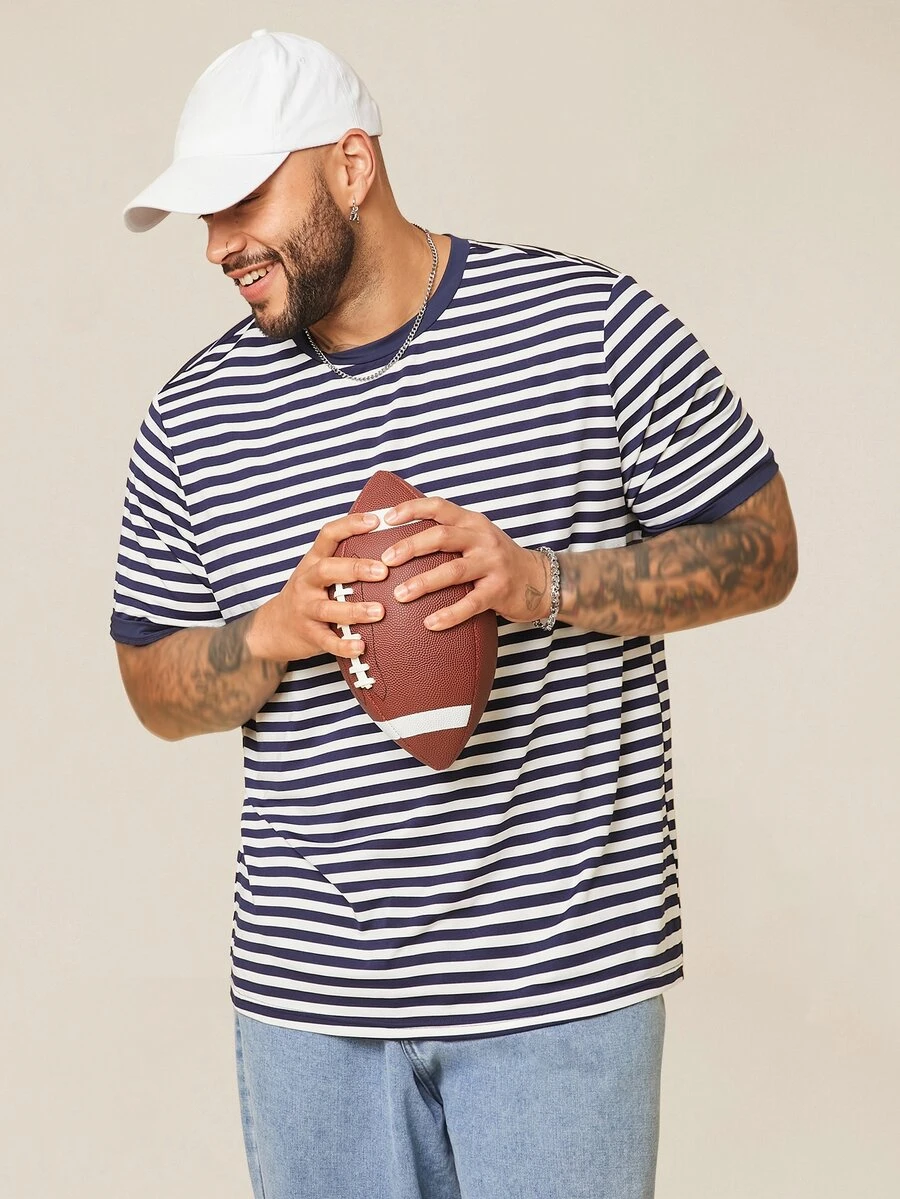 EASEVO Men Plus Size Casual Knit Crew Neck Striped Short Sleeve T-Shirt, Suitable For Summer, Vacation, Father's Day Gifts, Football - Blue - View 1