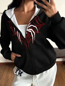SHEIN Sparklyn 青少年女孩休閒街頭風哥德風愛心蜘蛛網黑白格紋蜘蛛圖案復古連帽針織衛衣 秋季萬聖節校園 - 彩色 - 查看 5