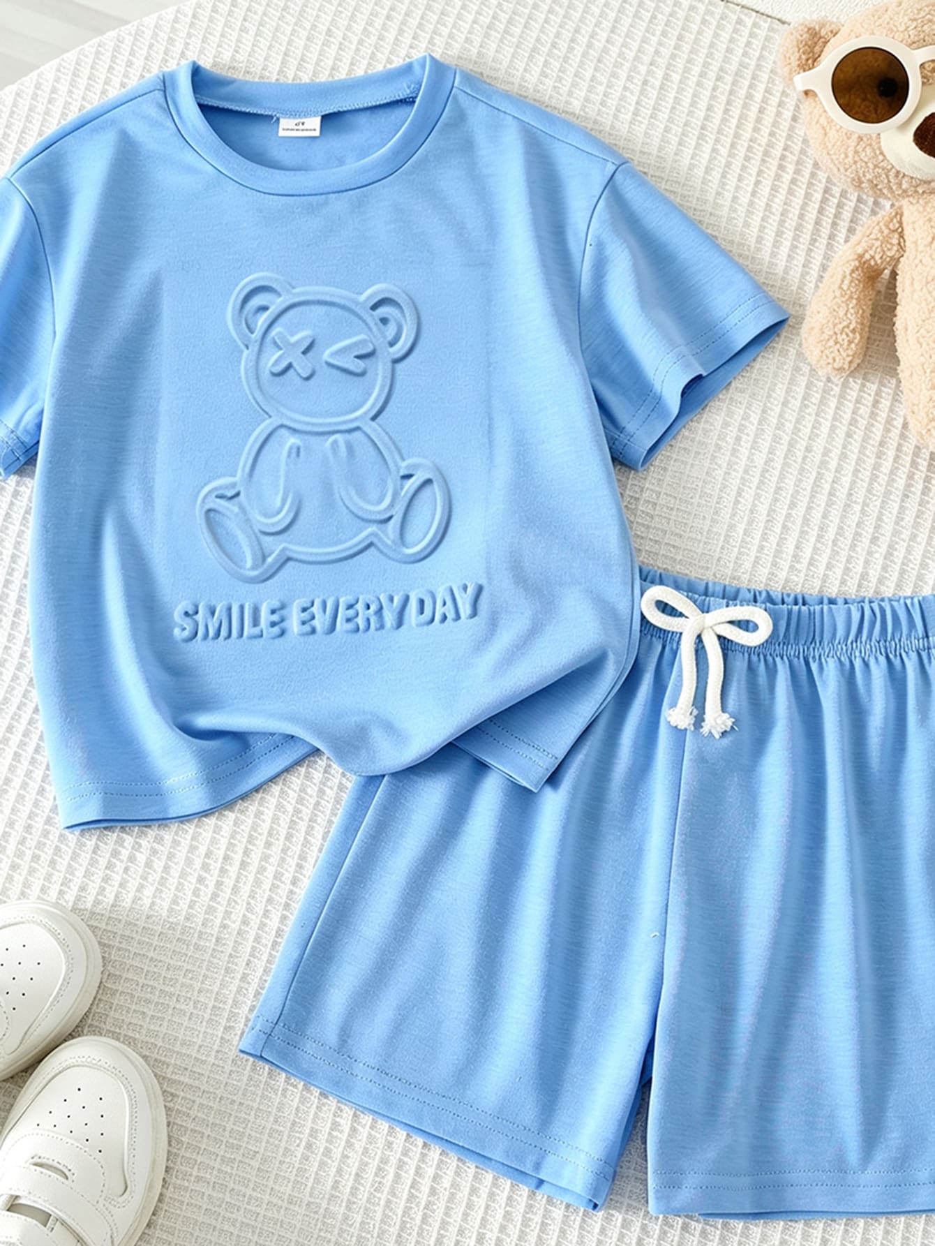 SHEIN 2pcs/Set Young Boy Casual Cute Bear Print Round Neck Short Sleeve T-Shirt And Shorts, Suitable For Summer - Blue - View 1