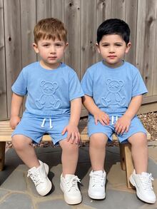 SHEIN 2pcs/Set Young Boy Casual Cute Bear Print Round Neck Short Sleeve T-Shirt And Shorts, Suitable For Summer - Blue - View 5