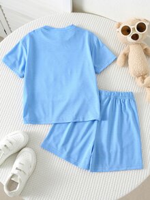 SHEIN 2pcs/Set Young Boy Casual Cute Bear Print Round Neck Short Sleeve T-Shirt And Shorts, Suitable For Summer - Blue - View 2
