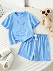SHEIN 2pcs/Set Young Boy Casual Cute Bear Print Round Neck Short Sleeve T-Shirt And Shorts, Suitable For Summer - Blue - View 3