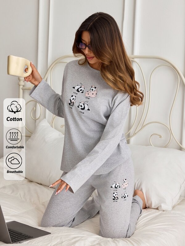 SHEIN Cotton Line Women Panda Print Round Neck Long Sleeve Top & High Waist Comfy Pants 2 Pcs Pajama Set