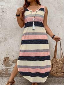 SHEIN LUNE CURVE 条纹休闲大码连衣裙搭配个性化长款女装 - 彩色 - 查看 4