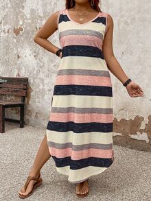 SHEIN LUNE CURVE 条纹休闲大码连衣裙搭配个性化长款女装 - 彩色 - 查看 6