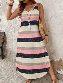 SHEIN LUNE CURVE 条纹休闲大码连衣裙搭配个性化长款女装 - 彩色 - 查看 3