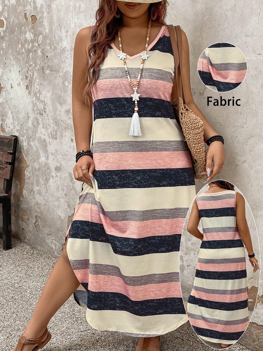 SHEIN LUNE CURVE 条纹休闲大码连衣裙搭配个性化长款女装 - 彩色 - 查看 1