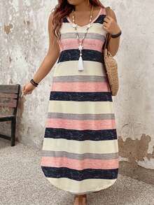 SHEIN LUNE CURVE 条纹休闲大码连衣裙搭配个性化长款女装 - 彩色 - 查看 7