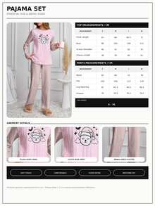 SHEIN Solid Pink Color Cute Sleepy Bear Embroidered Plush Panel Ribbed Casual Pajama Set - Pink - View 4