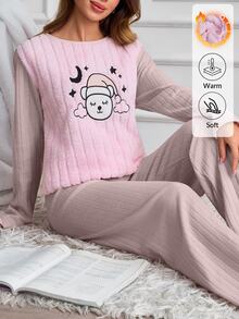 SHEIN Solid Pink Color Cute Sleepy Bear Embroidered Plush Panel Ribbed Casual Pajama Set - Pink - View 3
