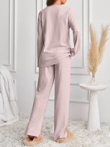 SHEIN Solid Pink Color Cute Sleepy Bear Embroidered Plush Panel Ribbed Casual Pajama Set - Pink - View 2