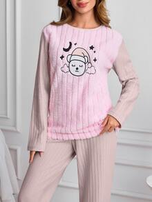 SHEIN Solid Pink Color Cute Sleepy Bear Embroidered Plush Panel Ribbed Casual Pajama Set - Pink - View 5