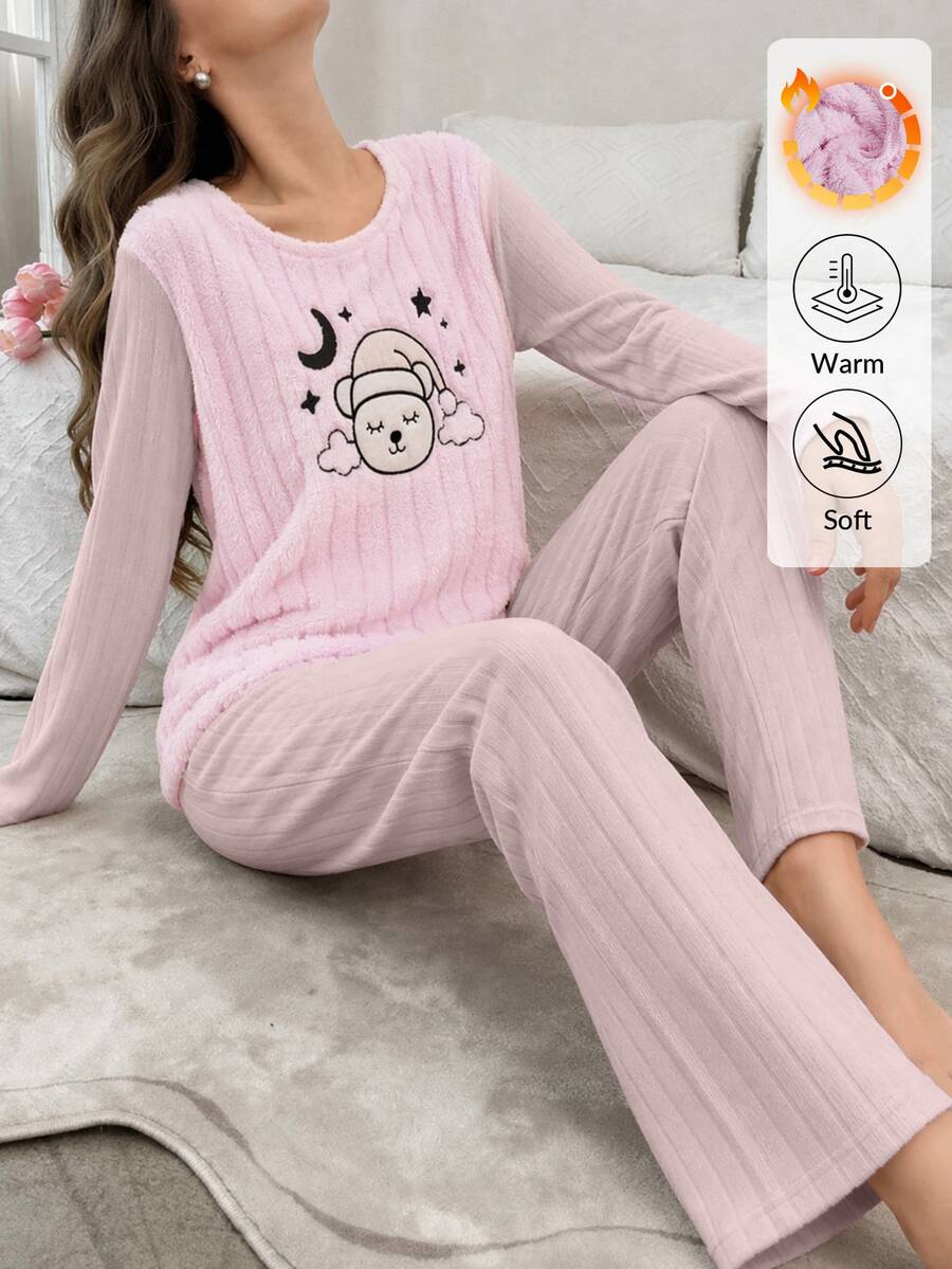 SHEIN Solid Pink Color Cute Sleepy Bear Embroidered Plush Panel Ribbed Casual Pajama Set - Pink - View 1