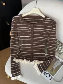 Muvela 女款緹花拼色條紋前開鈕扣荷葉邊圓領修身長袖針織開襟毛衣，秋冬棕色 - 棕色 - 查看 3