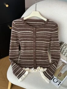 Muvela 女款緹花拼色條紋前開鈕扣荷葉邊圓領修身長袖針織開襟毛衣，秋冬棕色 - 棕色 - 查看 5
