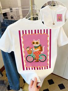 DrmWander 女款街頭風圖案短袖 T-shirt 上衣，可愛夏季上衣 - 白色 - 查看 1