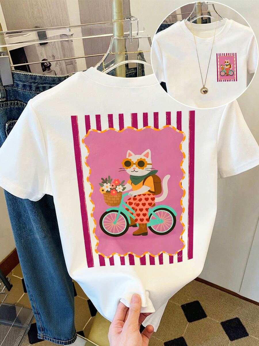 DrmWander 女款街頭風圖案短袖 T-shirt 上衣,可愛夏季上衣 - 白色 - 查看 1