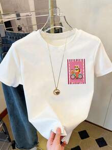 DrmWander 女款街頭風圖案短袖 T-shirt 上衣，可愛夏季上衣 - 白色 - 查看 2