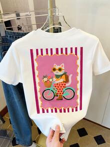 DrmWander 女款街頭風圖案短袖 T-shirt 上衣，可愛夏季上衣 - 白色 - 查看 3
