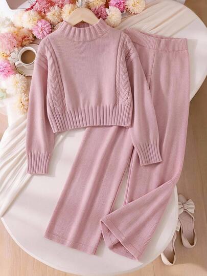 Setelan Musim Gugur untuk Remaja Perempuan, Set Sweater Kasual Modis dengan Kerah Tegak Longgar, Sweater Belahan Bawah Longgar Warna Polos dan Celana Panjang Lebar 2 Potong