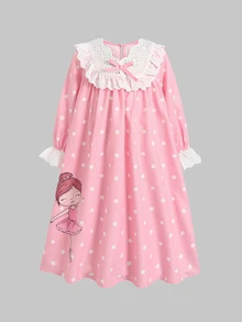 SHEIN 少女休閒寬鬆荷葉邊拼接波點女孩印花居家服 - 淺粉色 - 查看 3