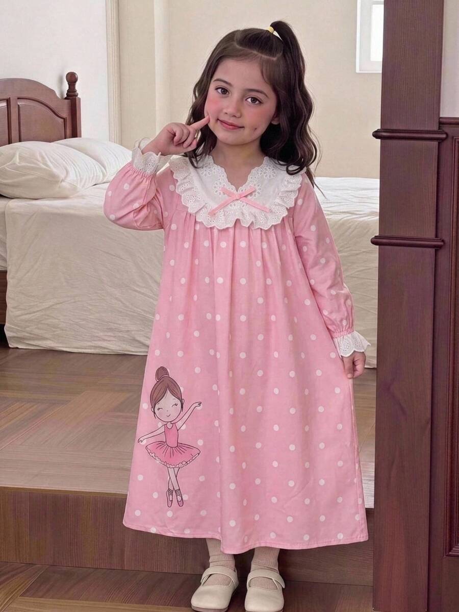 SHEIN 少女休閒寬鬆荷葉邊拼接波點女孩印花居家服