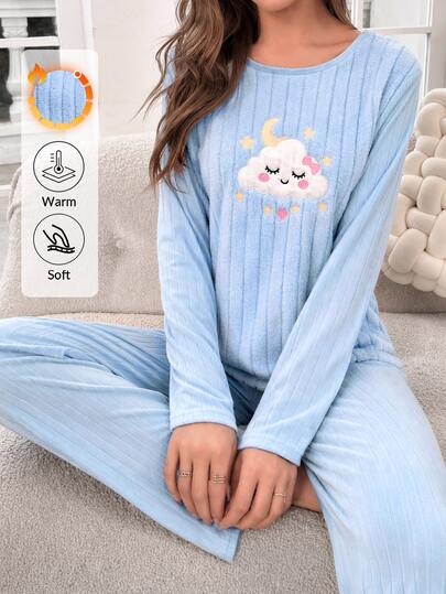 SHEIN Cute Sleepy Cloud Embroidered Solid BLue Color Plush Panel Ribbed Casual Pajama Set