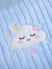 SHEIN Cute Sleepy Cloud Embroidered Solid BLue Color Plush Panel Ribbed Casual Pajama Set - Blue - View 7