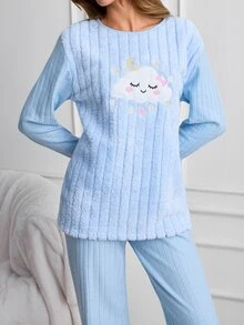 SHEIN Cute Sleepy Cloud Embroidered Solid BLue Color Plush Panel Ribbed Casual Pajama Set - Blue - View 5