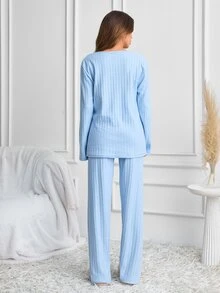 SHEIN Cute Sleepy Cloud Embroidered Solid BLue Color Plush Panel Ribbed Casual Pajama Set - Blue - View 2