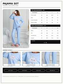 SHEIN Cute Sleepy Cloud Embroidered Solid BLue Color Plush Panel Ribbed Casual Pajama Set - Blue - View 4