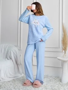 SHEIN Cute Sleepy Cloud Embroidered Solid BLue Color Plush Panel Ribbed Casual Pajama Set - Blue - View 8