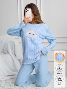 SHEIN Cute Sleepy Cloud Embroidered Solid BLue Color Plush Panel Ribbed Casual Pajama Set - Blue - View 3