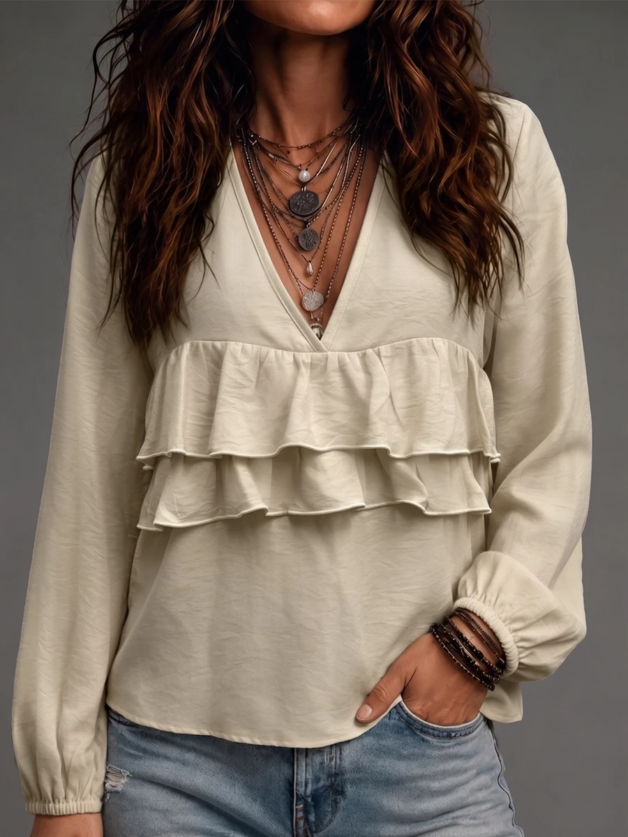 SHEIN Women's French Style Multi-Layer Ruffle Hem Long Sleeve Top - Apricot - View 1