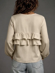 SHEIN Women's French Style Multi-Layer Ruffle Hem Long Sleeve Top - Apricot - View 2