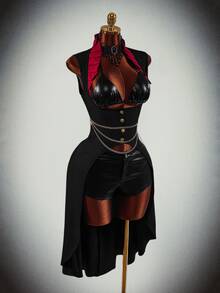 Amplova Y2K 女款萬聖節 Cosplay 黑色哥德風束腰上衣 派對對比色立領長下擺休閒款 - 黑色 - 查看 1
