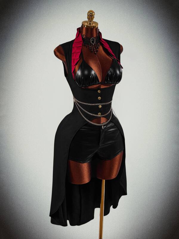Amplova Y2k Women's Halloween Cosplay Black Gothic Corset Party Contrast Color Stand Collar Long Hem Casual