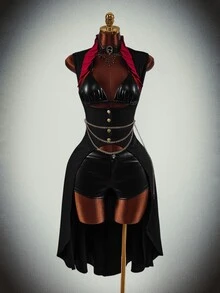 Amplova Y2K 女款萬聖節 Cosplay 黑色哥德風束腰上衣 派對對比色立領長下擺休閒款 - 黑色 - 查看 5