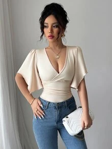 Elenzga Nuevos bodys elegantes para mujer con escote en V, cintura fruncida y mangas de volantes, que resultan favorecedores y encantadores - Albaricoque - Ver 4