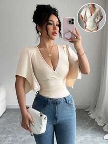 Elenzga Nuevos bodys elegantes para mujer con escote en V, cintura fruncida y mangas de volantes, que resultan favorecedores y encantadores - Albaricoque - Ver 1